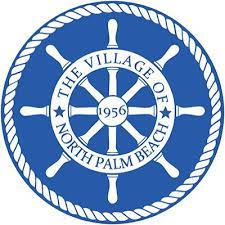 A blue and white logo of the village of north palm beach.