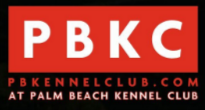 A red and white logo for palm beach kennel club.